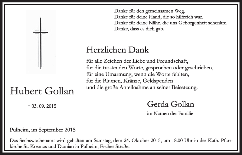  Traueranzeige für Hubert Gollan vom 26.09.2015 aus  Sonntags-Post 