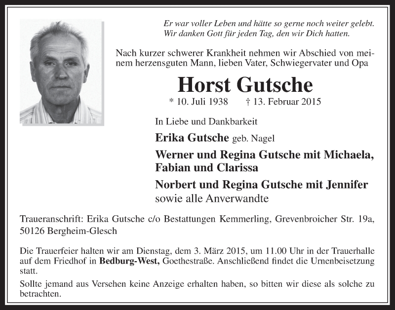  Traueranzeige für Horst Gutsche vom 25.02.2015 aus  Werbepost 