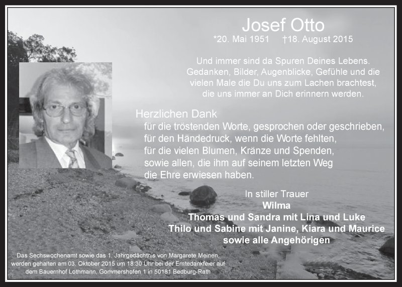  Traueranzeige für Josef Otto vom 30.09.2015 aus  Werbepost 