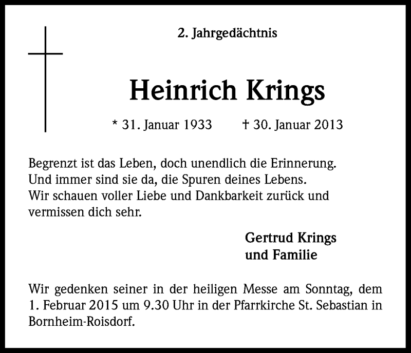  Traueranzeige für Heinrich Krings vom 24.01.2015 aus Kölner Stadt-Anzeiger / Kölnische Rundschau / Express