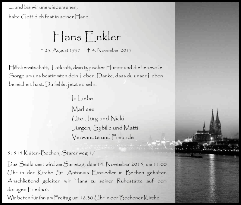  Traueranzeige für Hans Enkler vom 07.11.2015 aus Kölner Stadt-Anzeiger / Kölnische Rundschau / Express
