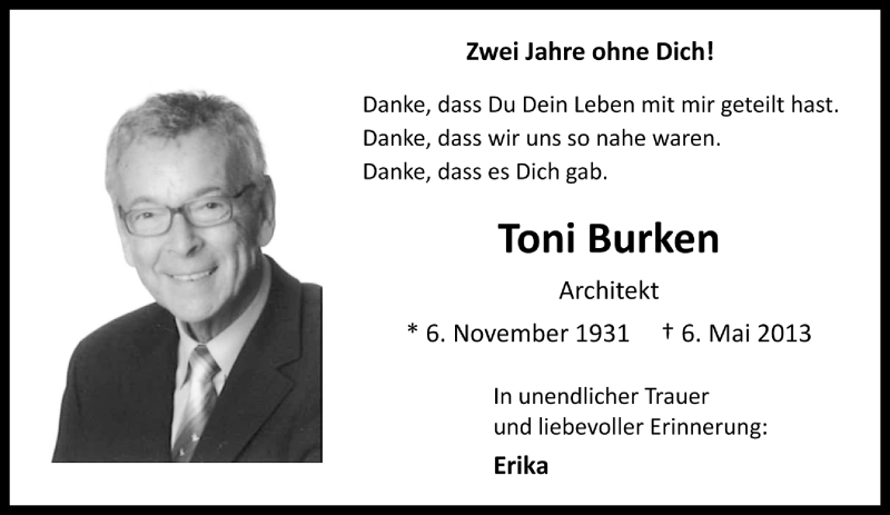  Traueranzeige für Toni Burken vom 06.05.2015 aus  Kölner Wochenspiegel 