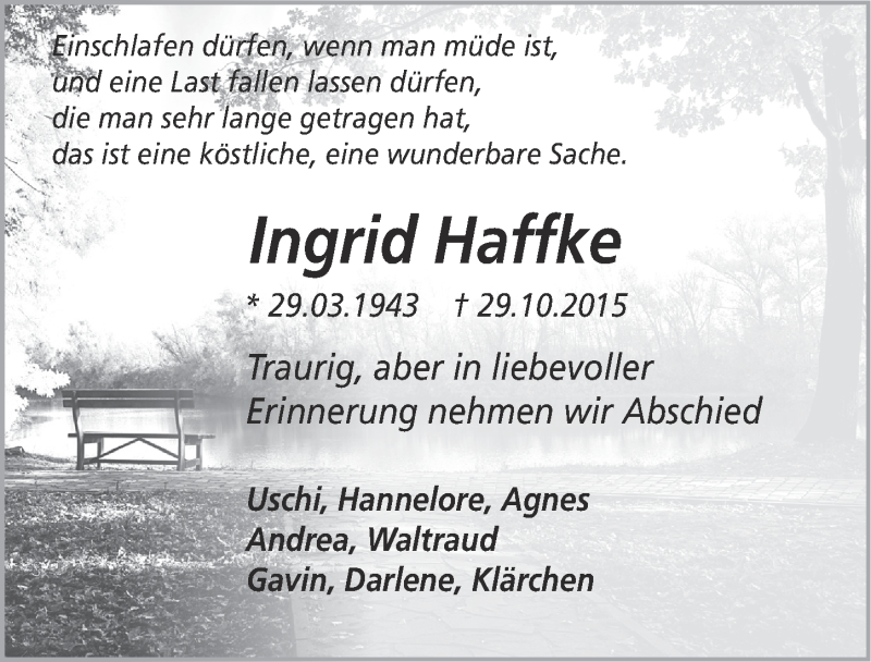  Traueranzeige für Ingrid Haffke vom 18.11.2015 aus  Anzeigen Echo 