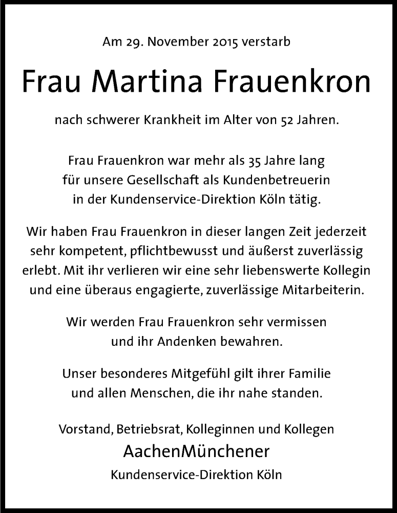  Traueranzeige für Martina Frauenkron vom 05.12.2015 aus Kölner Stadt-Anzeiger / Kölnische Rundschau / Express
