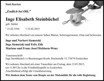 Anzeige von Inge Elisabeth Steinbüchel von Kölner Stadt-Anzeiger / Kölnische Rundschau / Express
