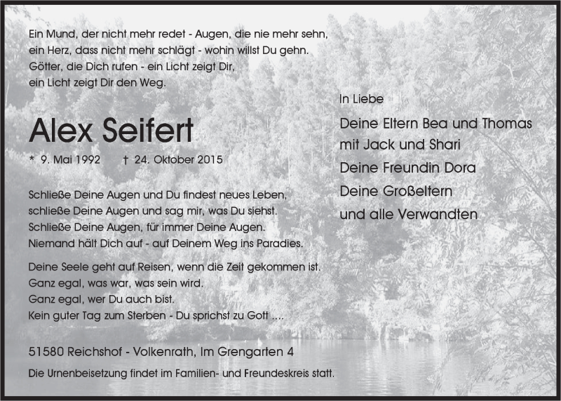  Traueranzeige für Alex Seifert vom 04.11.2015 aus  Anzeigen Echo 