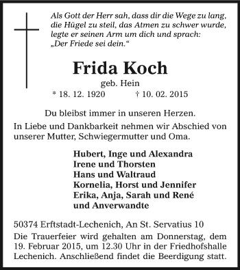 Anzeige von Frida Koch von Kölner Stadt-Anzeiger / Kölnische Rundschau / Express