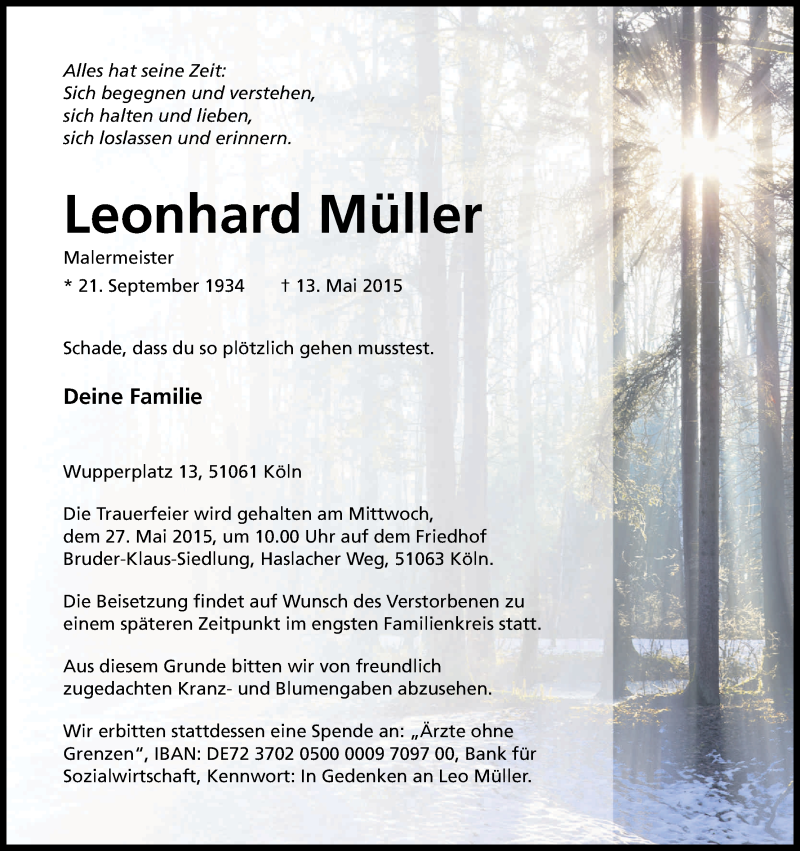  Traueranzeige für Leonhard Müller vom 23.05.2015 aus Kölner Stadt-Anzeiger / Kölnische Rundschau / Express