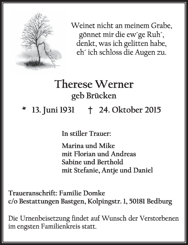  Traueranzeige für Therese Werner vom 31.10.2015 aus  Sonntags-Post 