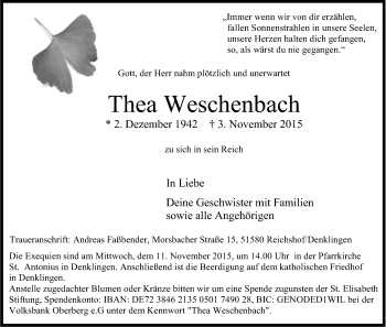 Anzeige von Thea Weschenbach von Kölner Stadt-Anzeiger / Kölnische Rundschau / Express