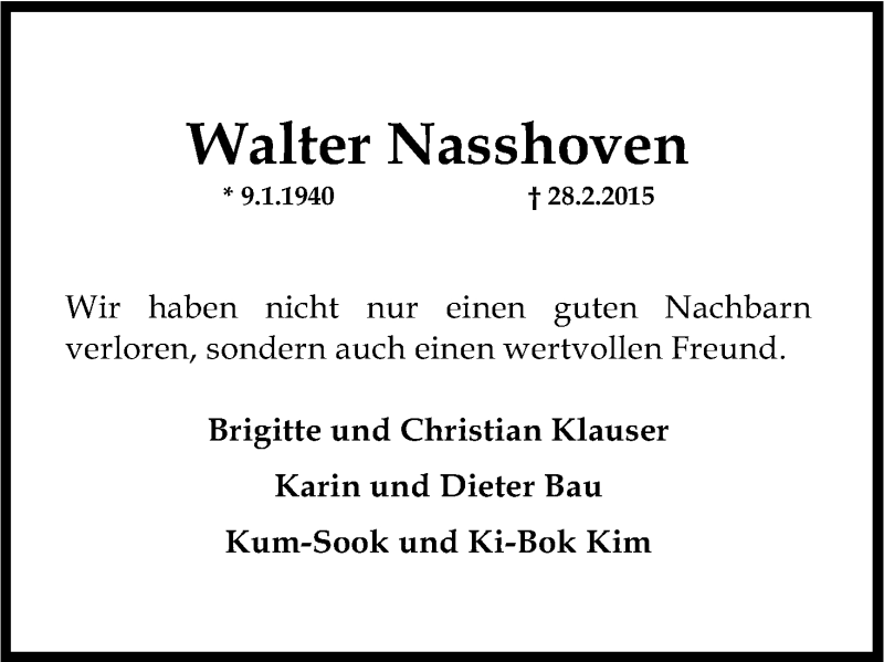  Traueranzeige für Walter Nasshoven vom 07.03.2015 aus Kölner Stadt-Anzeiger / Kölnische Rundschau / Express