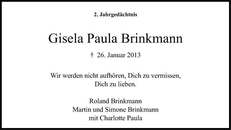  Traueranzeige für Gisela Paula Brinkmann vom 26.01.2015 aus Kölner Stadt-Anzeiger / Kölnische Rundschau / Express