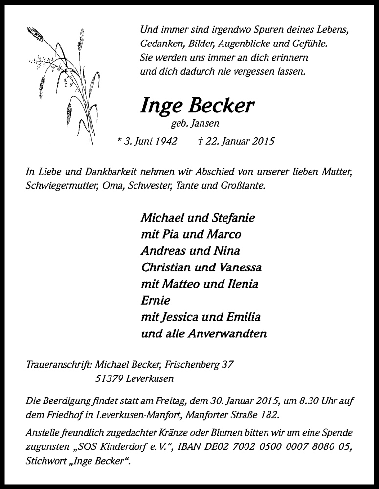  Traueranzeige für Inge Becker vom 26.01.2015 aus Kölner Stadt-Anzeiger / Kölnische Rundschau / Express