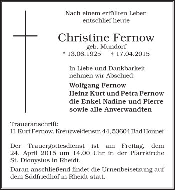 Anzeige von Christine Fernow von  Extra Blatt 