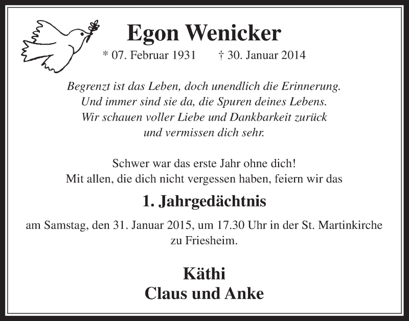  Traueranzeige für Egon Wenicker vom 21.01.2015 aus  Schlossbote/Werbekurier  Werbepost 