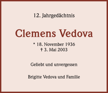 Anzeige von Clemens Vedova von Kölner Stadt-Anzeiger / Kölnische Rundschau / Express
