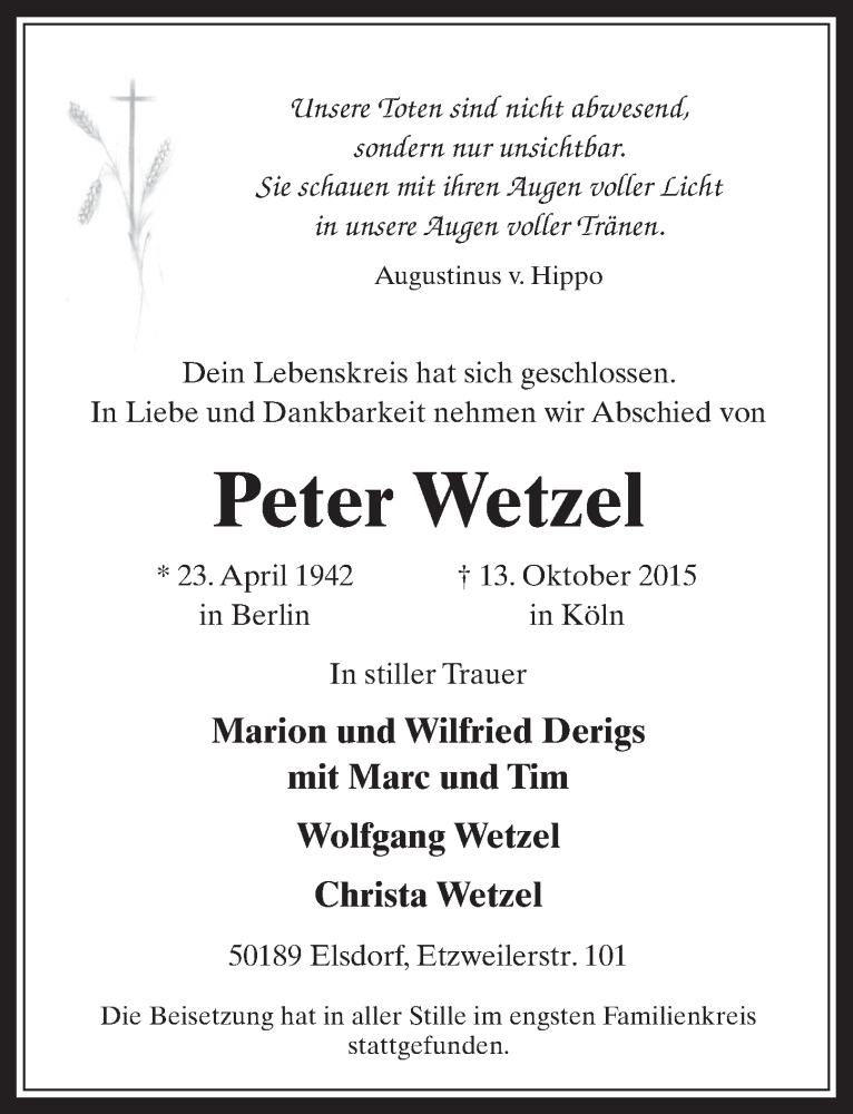  Traueranzeige für Peter Wetzel vom 28.10.2015 aus  Werbepost 