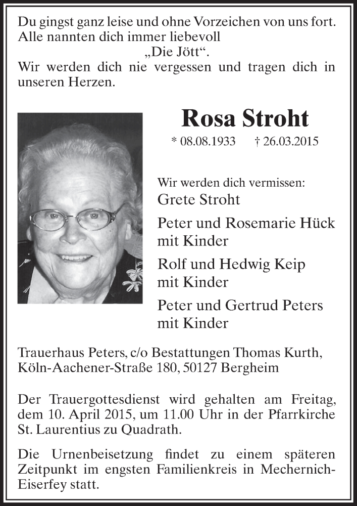 Traueranzeige für Rosa Stroth vom 04.04.2015 aus  Sonntags-Post 