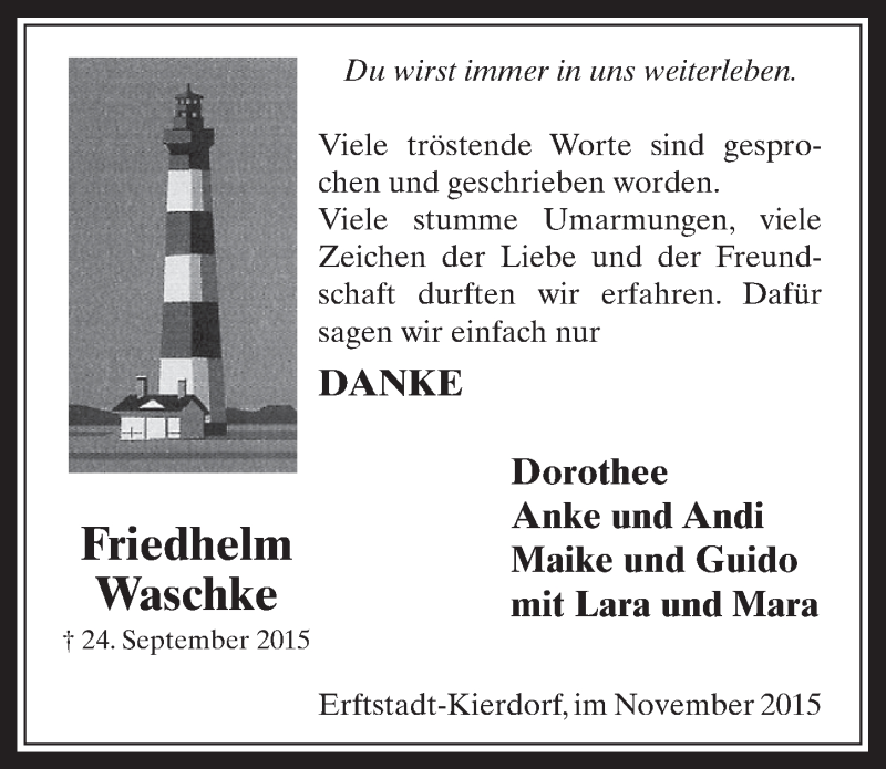  Traueranzeige für Friedhelm Waschke vom 18.11.2015 aus  Werbepost 