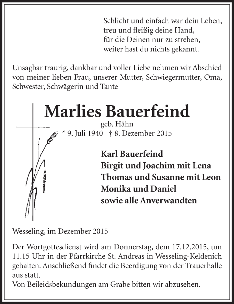  Traueranzeige für Marlies Bauerfeind vom 16.12.2015 aus  Schlossbote/Werbekurier 