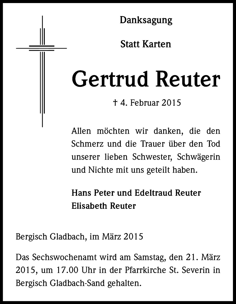  Traueranzeige für Gertrud Reuter vom 18.03.2015 aus Kölner Stadt-Anzeiger / Kölnische Rundschau / Express