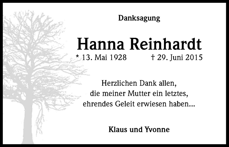  Traueranzeige für Hanna Reinhardt vom 05.09.2015 aus Kölner Stadt-Anzeiger / Kölnische Rundschau / Express
