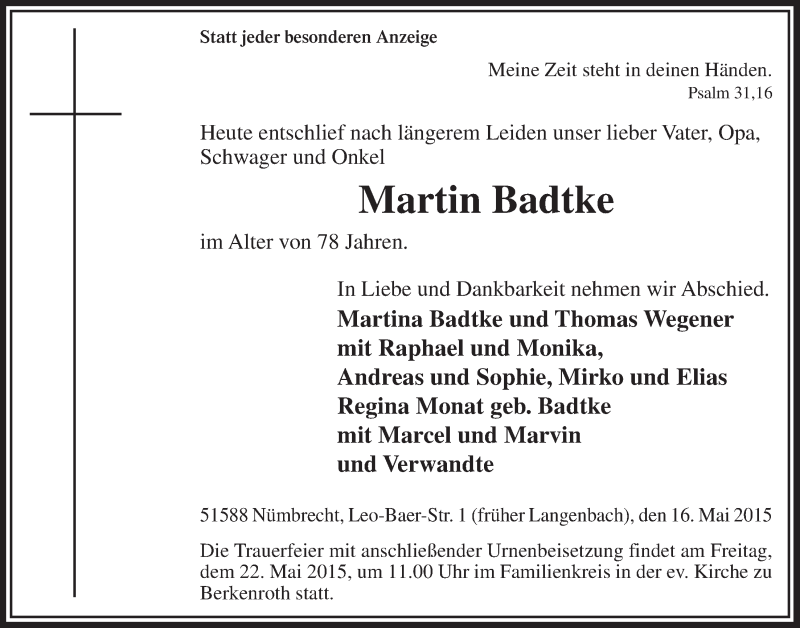  Traueranzeige für Martin Badtke vom 20.05.2015 aus  Lokalanzeiger 