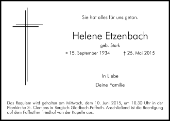 Anzeige von Helene Etzenbach von Kölner Stadt-Anzeiger / Kölnische Rundschau / Express