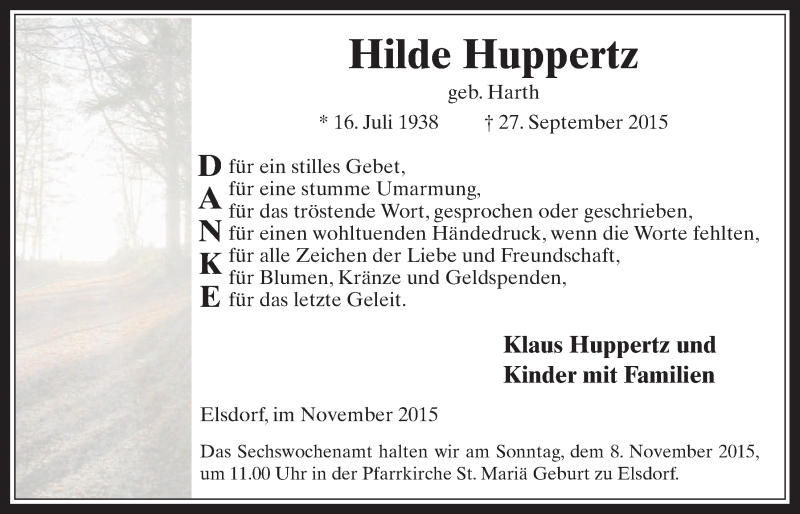  Traueranzeige für Hilde Huppertz vom 04.11.2015 aus  Werbepost 