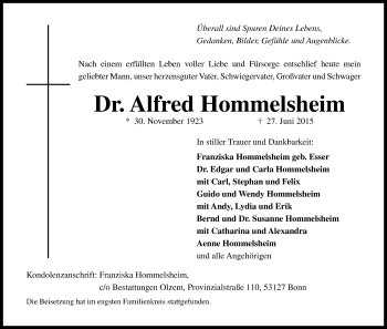 Anzeige von Alfred Hommelsheim von Kölner Stadt-Anzeiger / Kölnische Rundschau / Express