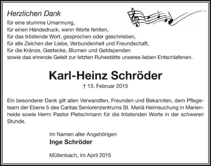  Traueranzeige für Karl-Heinz Schröder vom 08.04.2015 aus  Anzeigen Echo 