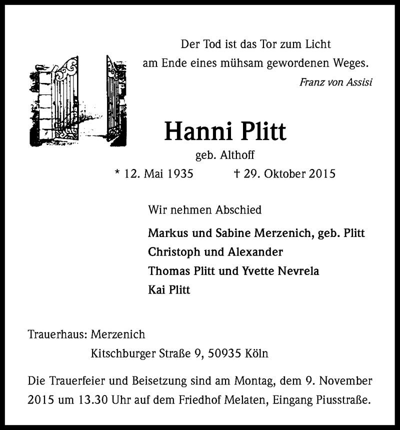  Traueranzeige für Hanni Plitt vom 31.10.2015 aus Kölner Stadt-Anzeiger / Kölnische Rundschau / Express