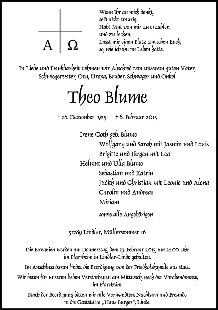  Traueranzeige für Theo Blume vom 14.02.2015 aus Kölner Stadt-Anzeiger / Kölnische Rundschau / Express