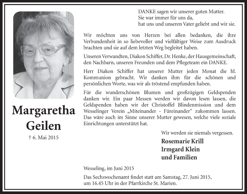  Traueranzeige für Margaretha Geilen vom 03.06.2015 aus  Schlossbote/Werbekurier 