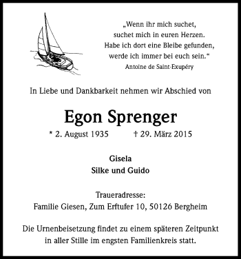 Anzeige von Egon Sprenger von Kölner Stadt-Anzeiger / Kölnische Rundschau / Express