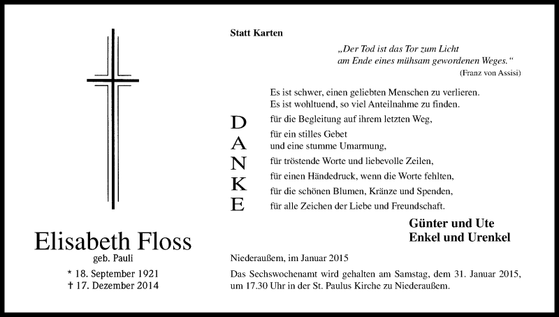 Traueranzeige für Elisabeth Floss vom 24.01.2015 aus Kölner Stadt-Anzeiger / Kölnische Rundschau / Express