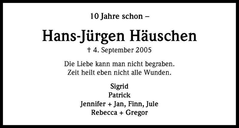  Traueranzeige für Hans-Jürgen Häuschen vom 04.09.2015 aus Kölner Stadt-Anzeiger / Kölnische Rundschau / Express