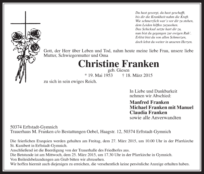  Traueranzeige für Christine Franken vom 25.03.2015 aus  Werbepost 