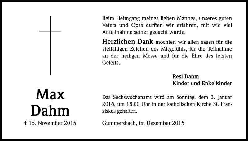  Traueranzeige für Max Dahm vom 12.12.2015 aus Kölner Stadt-Anzeiger / Kölnische Rundschau / Express