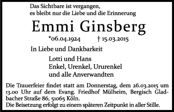 Anzeige von Emmi Ginsberg von Kölner Stadt-Anzeiger / Kölnische Rundschau / Express