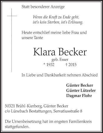 Anzeige von Klara Becker von  Schlossbote/Werbekurier 