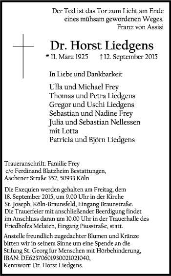 Anzeige von Horst Liedgens von Kölner Stadt-Anzeiger / Kölnische Rundschau / Express