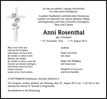 Anzeige von Anni Rosenthal von Kölner Stadt-Anzeiger / Kölnische Rundschau / Express