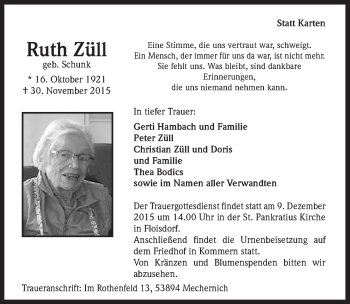 Anzeige von Ruth Züll von  Blickpunkt Euskirchen 
