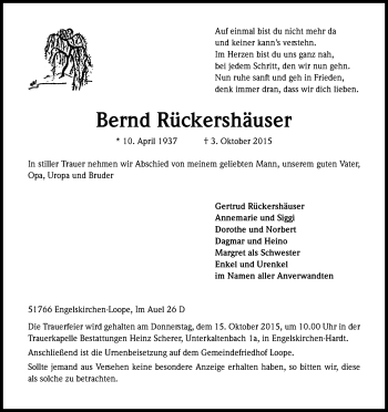Anzeige von Bernd Rückershäuser von Kölner Stadt-Anzeiger / Kölnische Rundschau / Express
