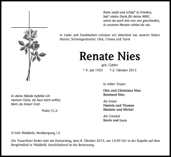 Anzeige von Renate Nies von Kölner Stadt-Anzeiger / Kölnische Rundschau / Express