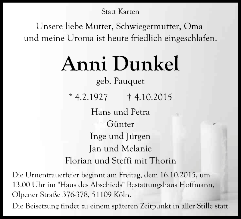  Traueranzeige für Anni Dunkel vom 10.10.2015 aus Kölner Stadt-Anzeiger / Kölnische Rundschau / Express
