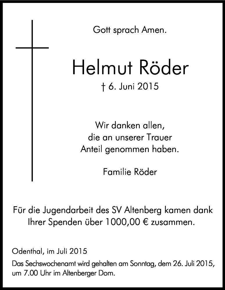  Traueranzeige für Helmut Röder vom 18.07.2015 aus Kölner Stadt-Anzeiger / Kölnische Rundschau / Express