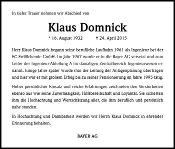 Anzeige von Klaus Domnick von Kölner Stadt-Anzeiger / Kölnische Rundschau / Express