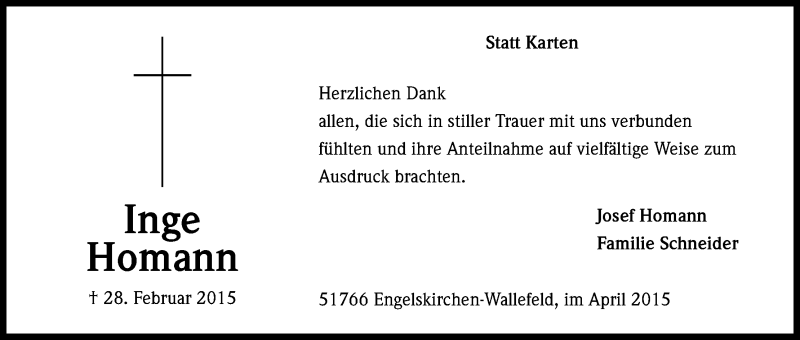  Traueranzeige für Inge Homann vom 11.04.2015 aus Kölner Stadt-Anzeiger / Kölnische Rundschau / Express